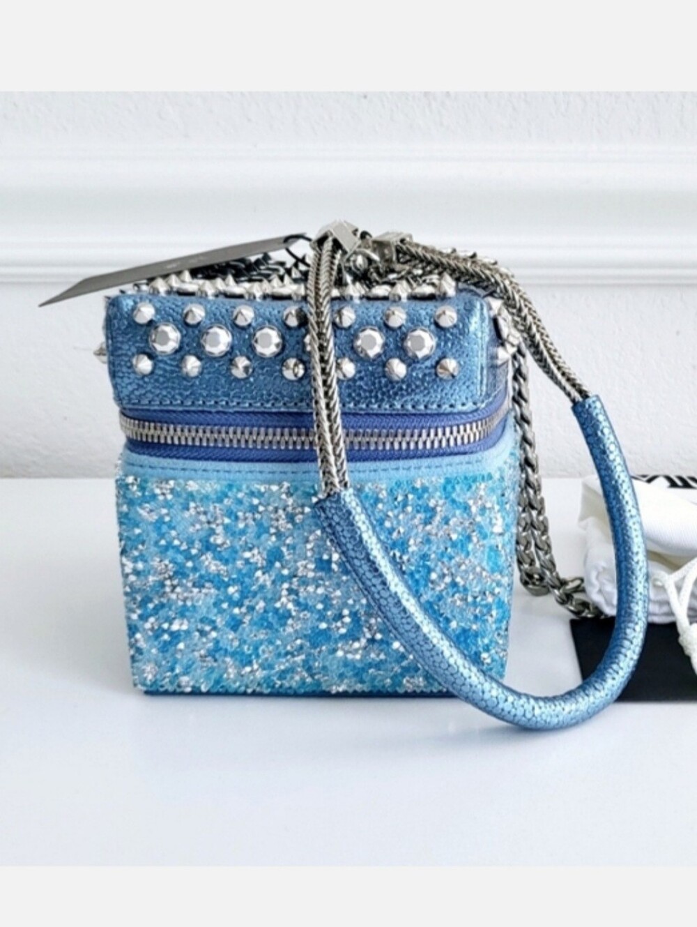 MCM Blue Studded Cubic Leather Bag